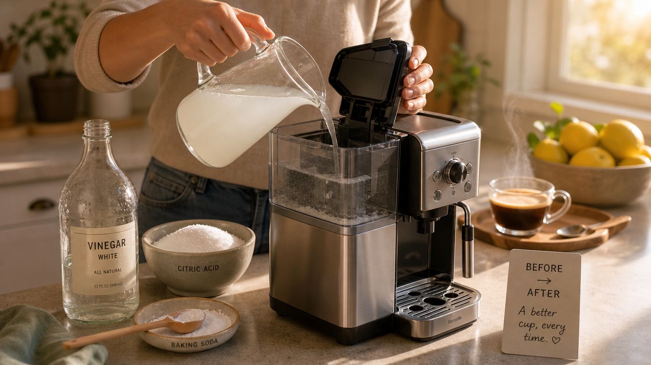 Pessoa a preparar uma limpeza de cafeteira com vinagre branco, ácido cítrico e bicarbonato numa cozinha iluminada.