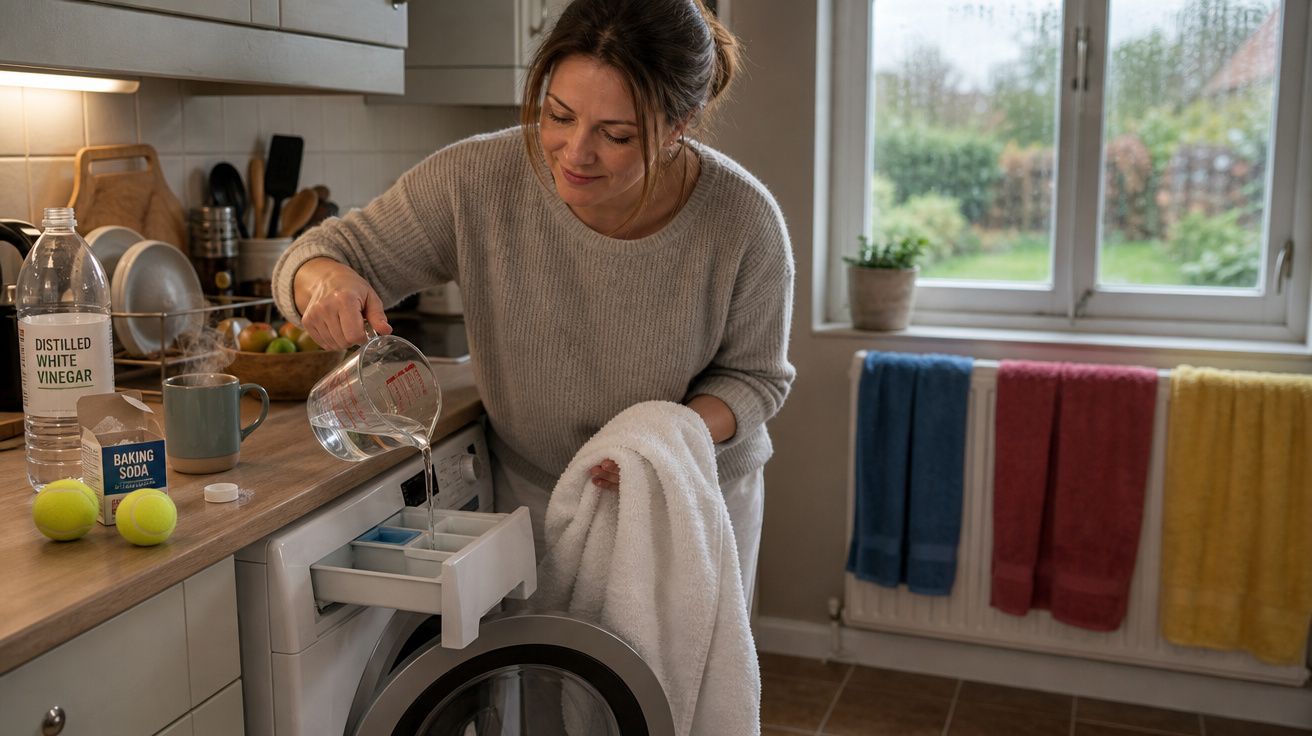 Mulher a despejar líquido na máquina de lavar roupa numa cozinha com vista para jardim.