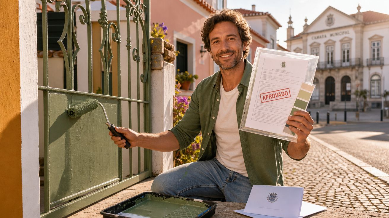 Homem sorridente pinta portão verde e segura documento com carimbo "Aprovado" à frente de edifício municipal.