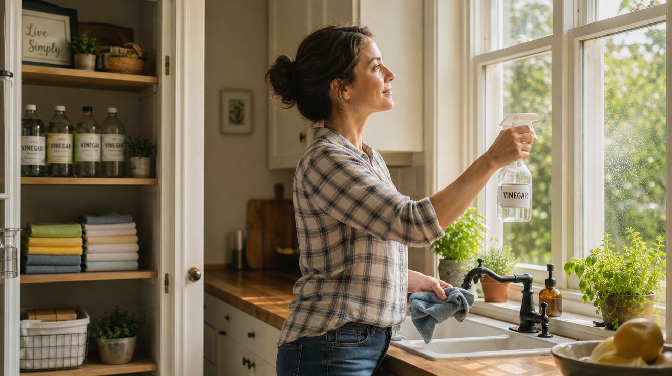 Mulher a limpar a janela da cozinha com líquido de vinagre num frasco spray num ambiente luminoso.
