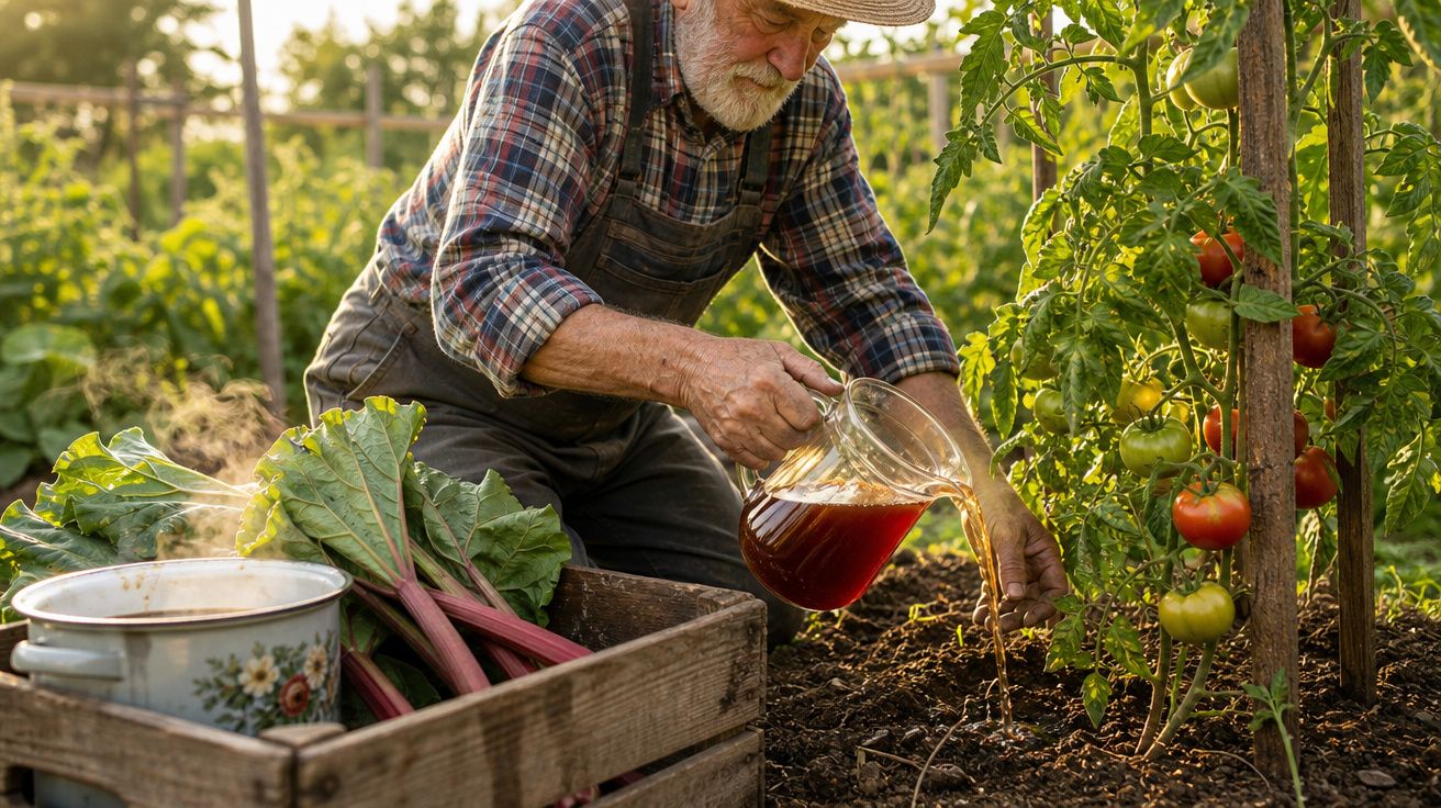 Homem idoso rega tomateiras numa horta ao ar livre ao pôr do sol, com caixa de legumes ao lado.