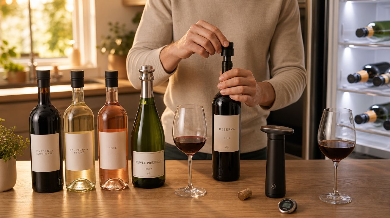 Pessoa a abrir garrafa de vinho tinto numa mesa com outras garrafas e duas taças de vinho.