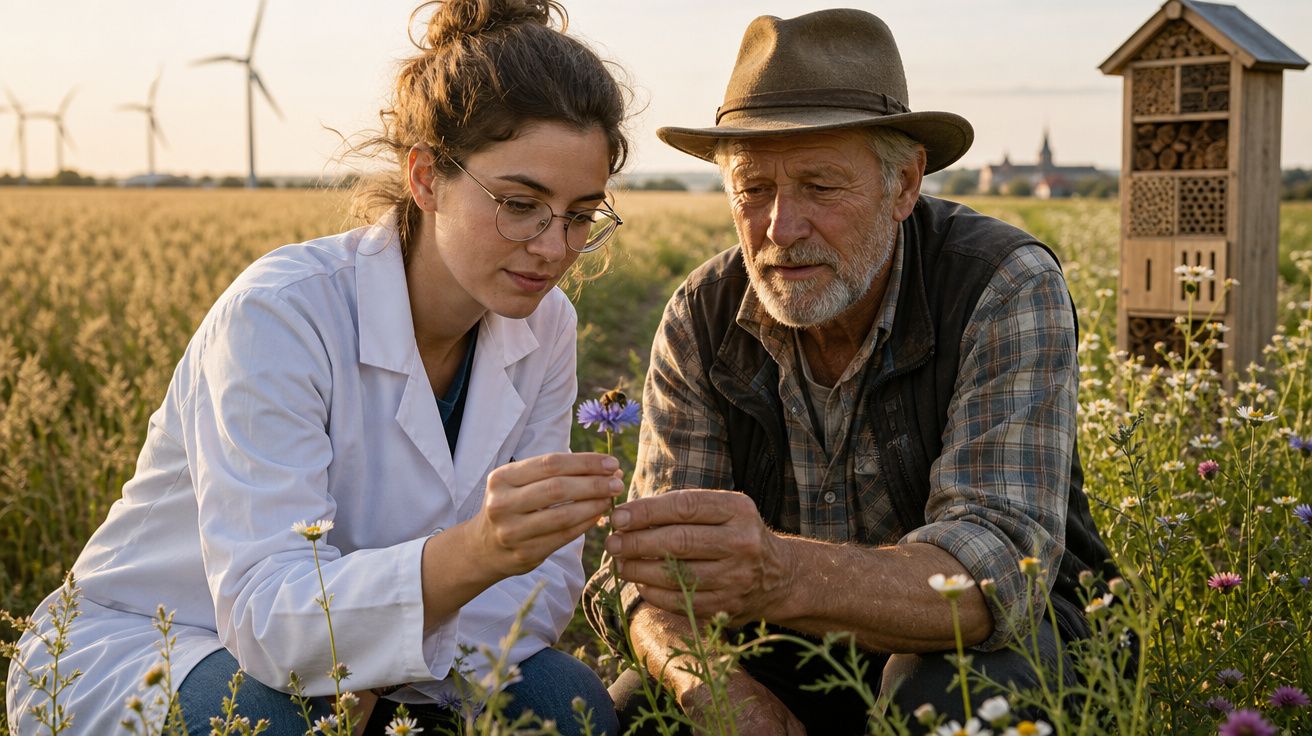 Jovem cientista e agricultor idoso analisam flores numa plantação com turbinas eólicas ao fundo.