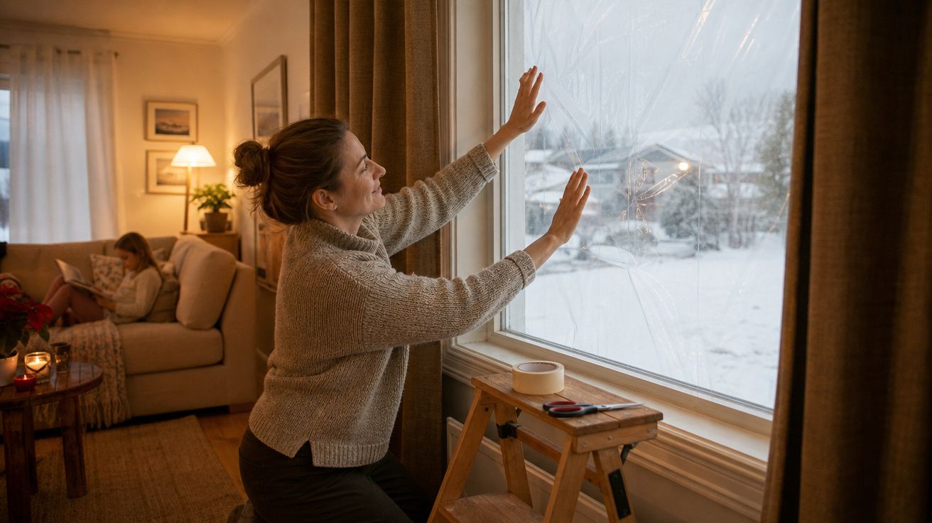 Mulher a aplicar película isolante num vidro de janela durante o inverno numa sala acolhedora.