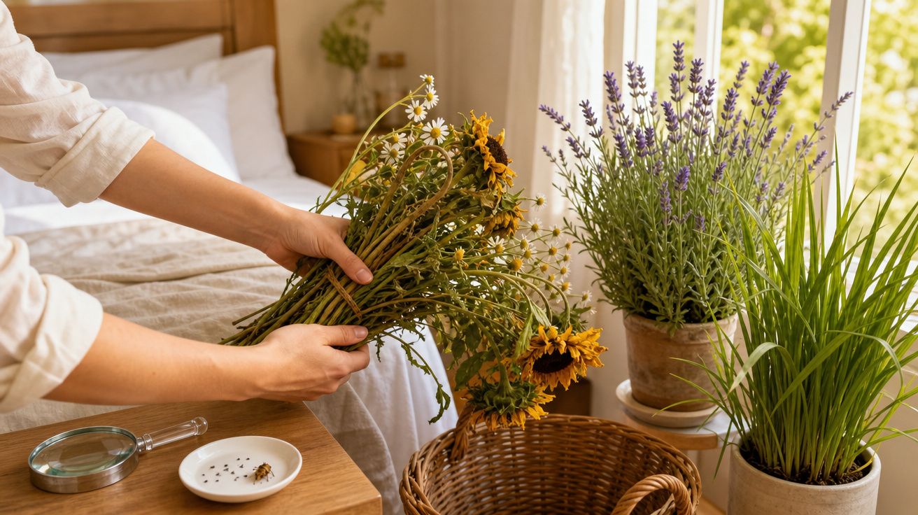Pessoa a segurar flores silvestres acima de uma cesta, com plantas em vasos ao fundo, junto a uma cama.