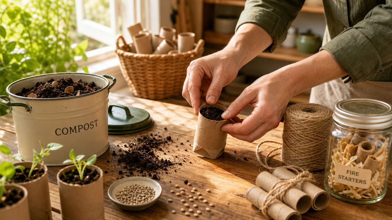 Mãos a colocar terra em vasos biodegradáveis num ambiente de jardinagem com sementes e material de compostagem.
