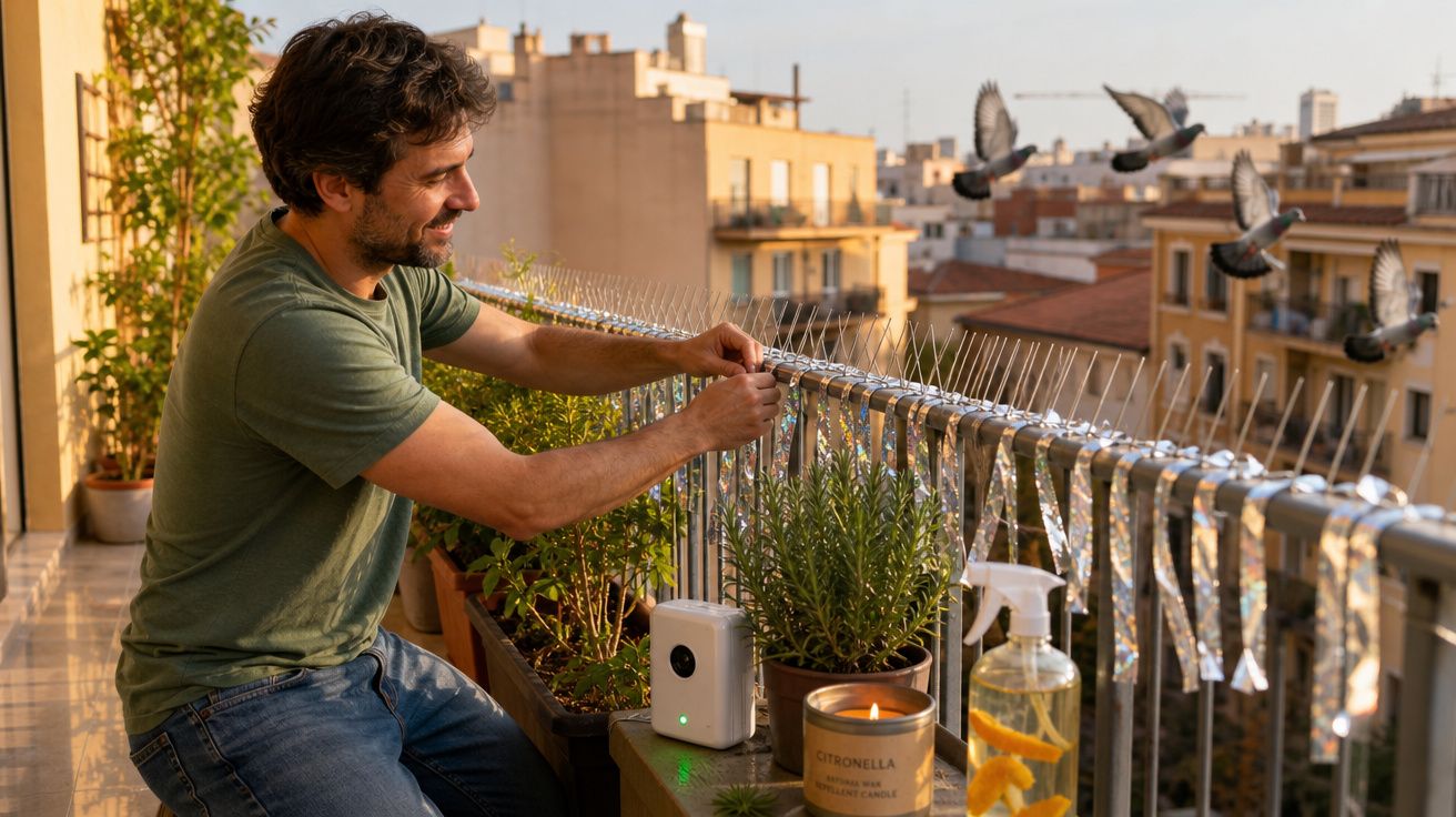 Homem sorridente a instalar fitas refletoras para afastar pombos numa varanda com plantas e velas.