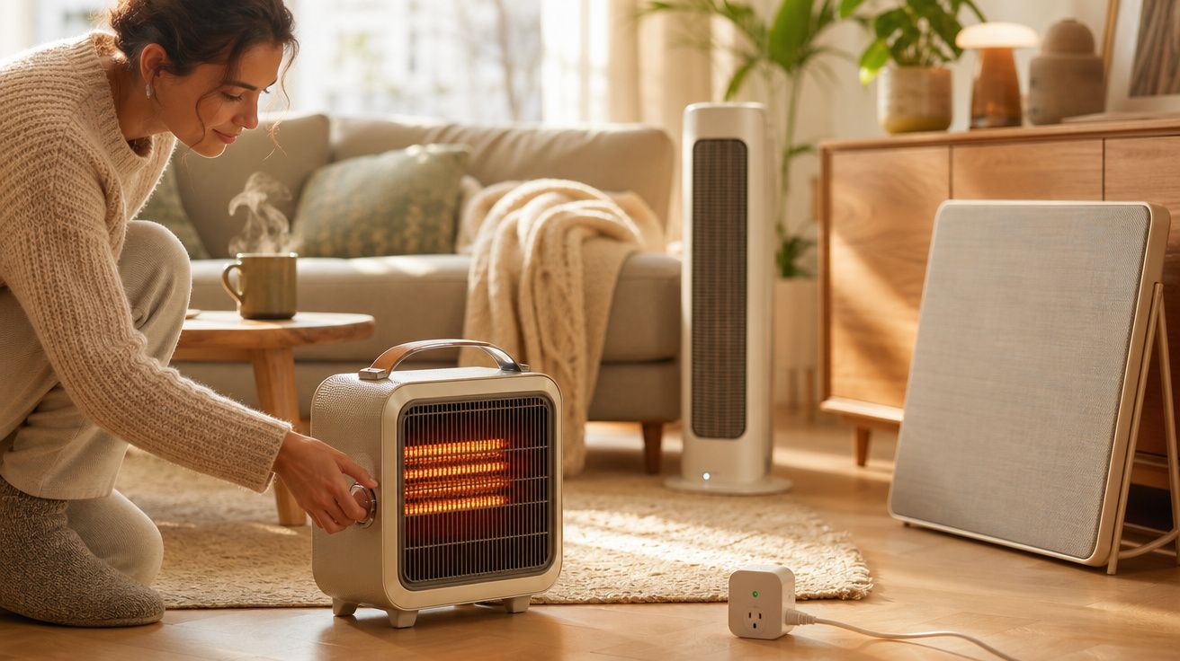 Mulher ajusta aquecedor elétrico numa sala acolhedora com sofá, manta e objetos decorativos.