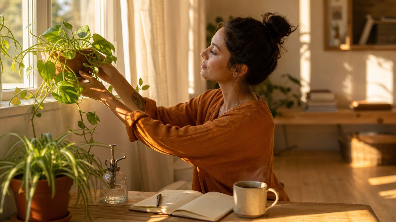 Mulher a cuidar de plantas junto à janela, com caderno aberto e caneca numa mesa de madeira.