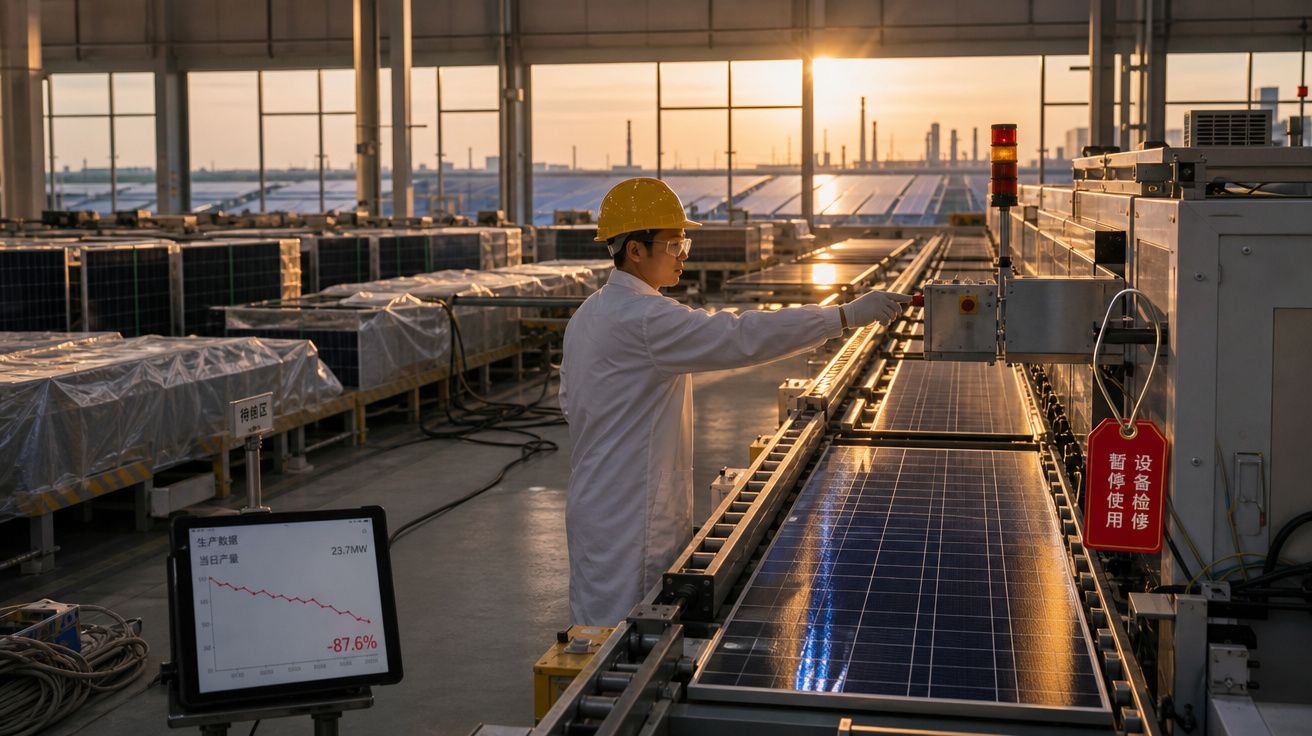 Técnico com capacete amarelo inspeciona painéis solares numa fábrica ao pôr do sol.