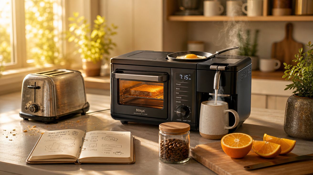 Máquina multifunções com torradeira, cafeteira, forno, frigideira com ovo e microcafé numa cozinha iluminada.
