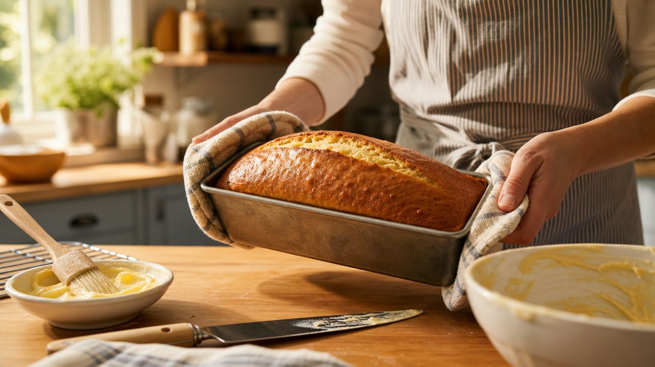 Pessoa a segurar forma com pão acabado de cozer numa cozinha com utensílios de pastelaria à frente.