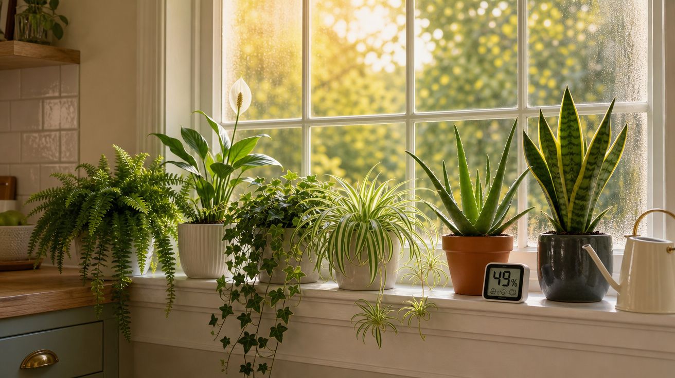 Janela com cinco plantas em vasos, regador branco e termômetro a indicar 49% de humidade.