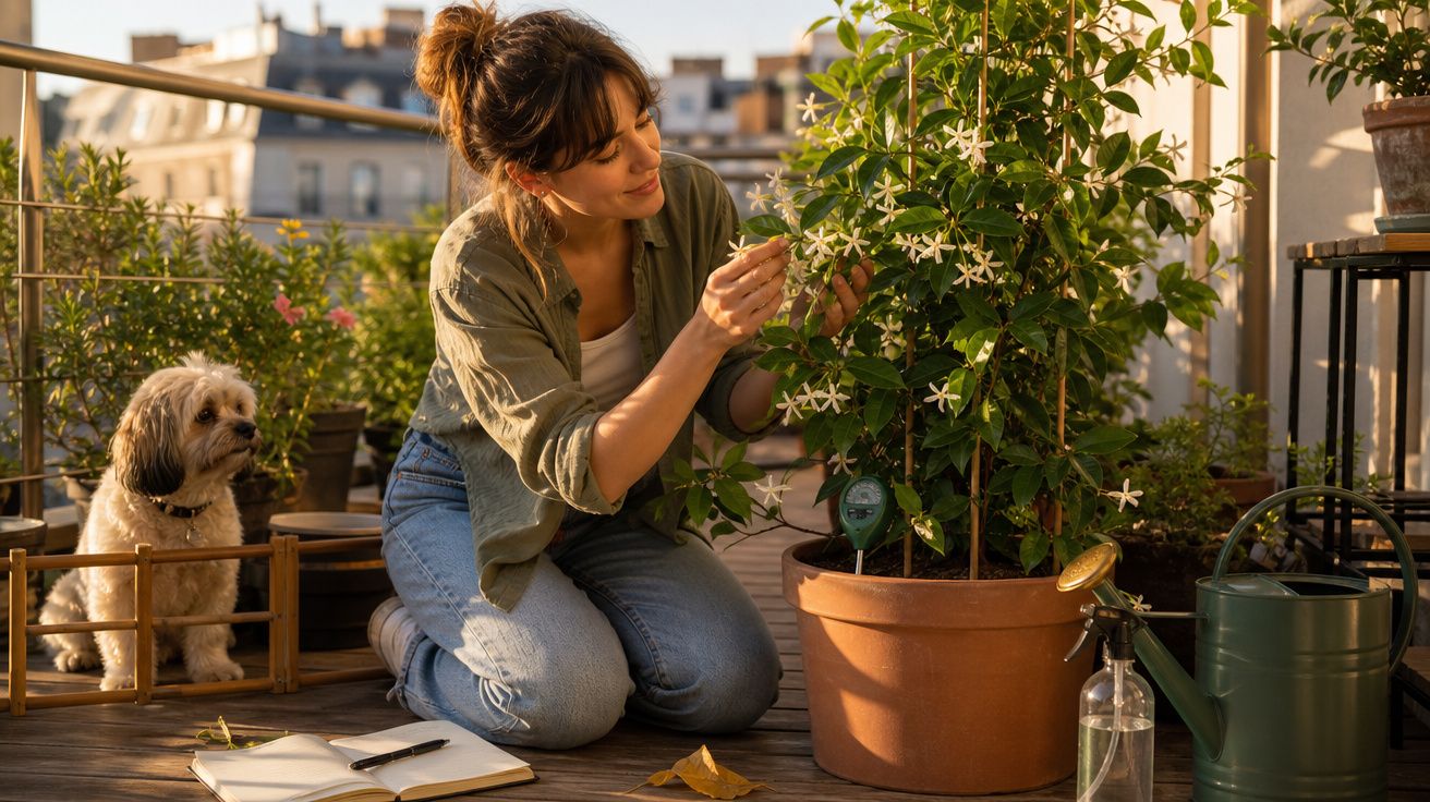 Mulher a cuidar de planta com flores brancas num terraço, com caderno aberto e cão ao lado.