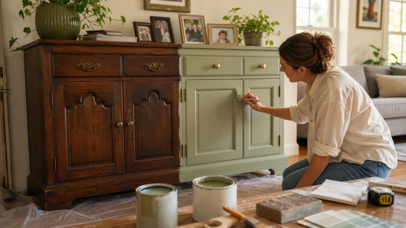 Mulher a pintar uma cómoda verde claro numa sala com luz natural e decoração acolhedora.