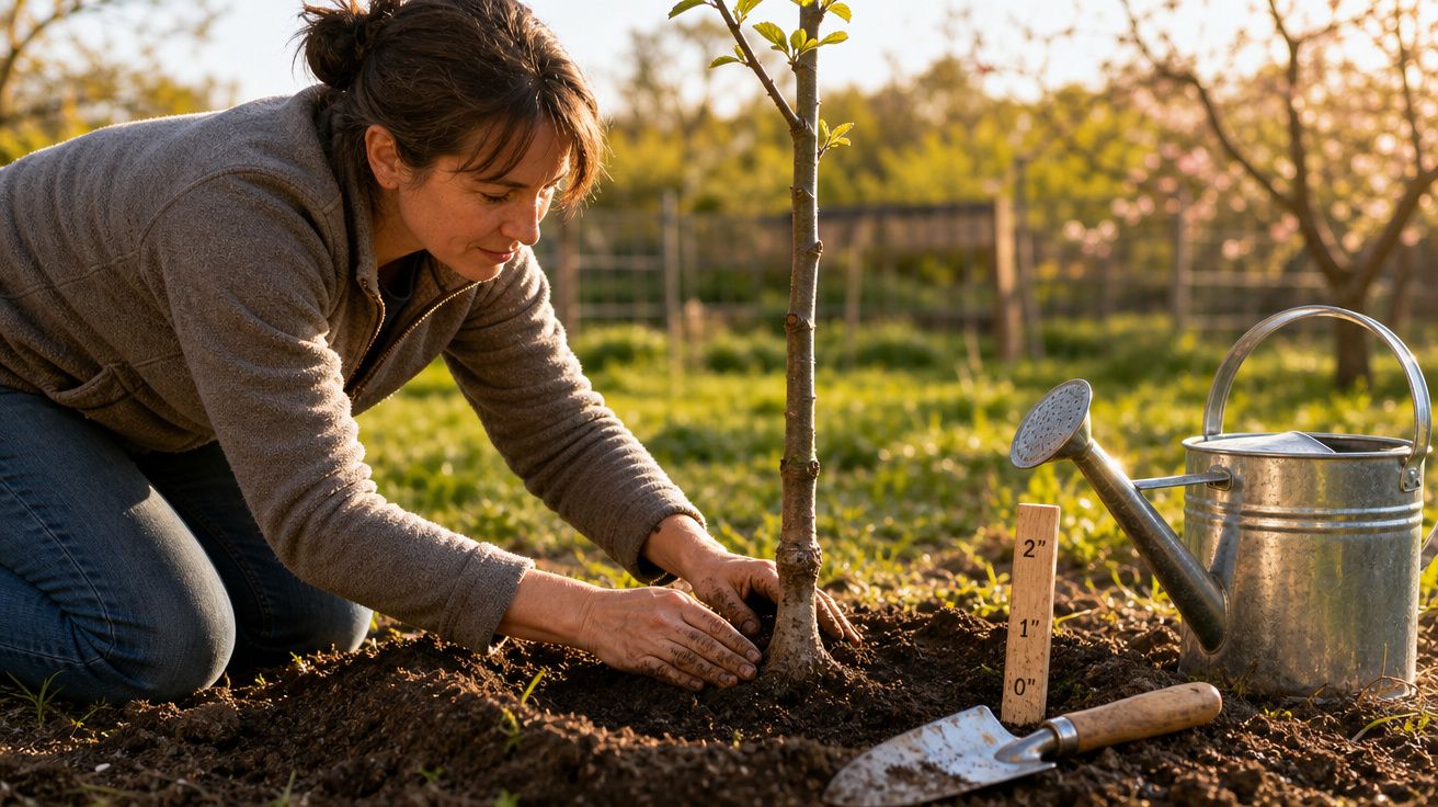Mulher a plantar uma árvore jovem num jardim, com regador e enxada ao lado na terra.