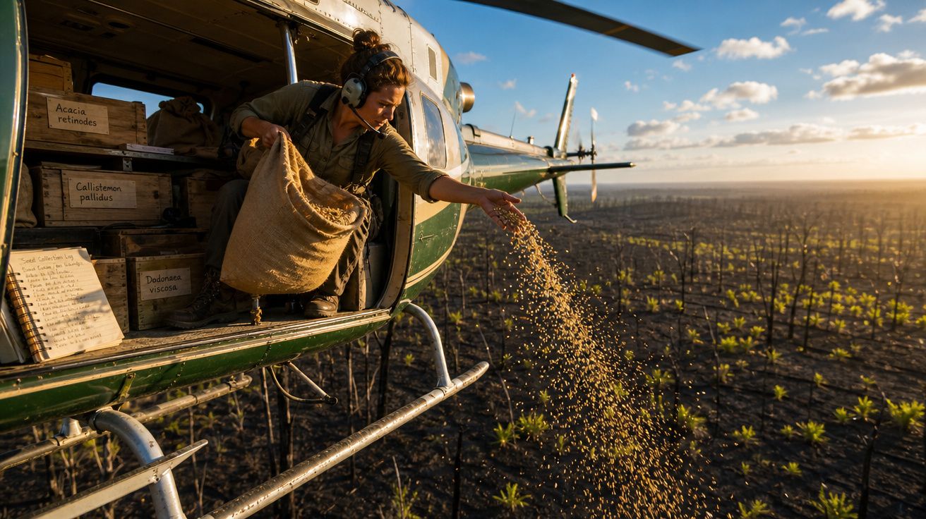 Pessoa dentro de helicóptero despeja sementes sobre terreno florestal devastado pelo fogo ao pôr do sol.