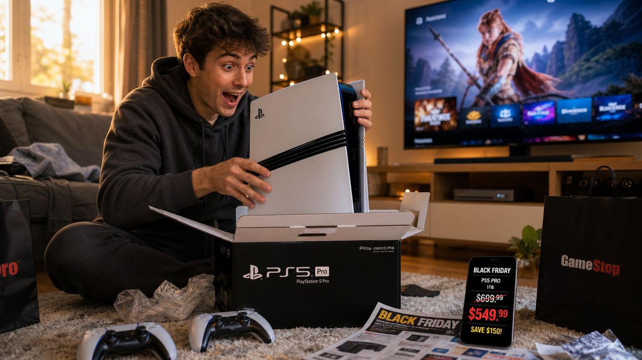 Jovem entusiasmado a desembrulhar uma PlayStation 5 Pro em casa, rodeado de comandos e sacos da GameStop.