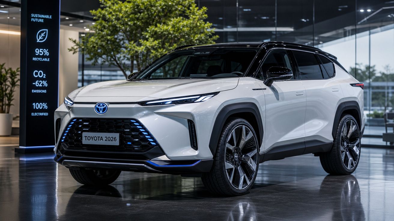 Carro elétrico Toyota branco 2026 estacionado em ambiente interior moderno com árvores e vidro.