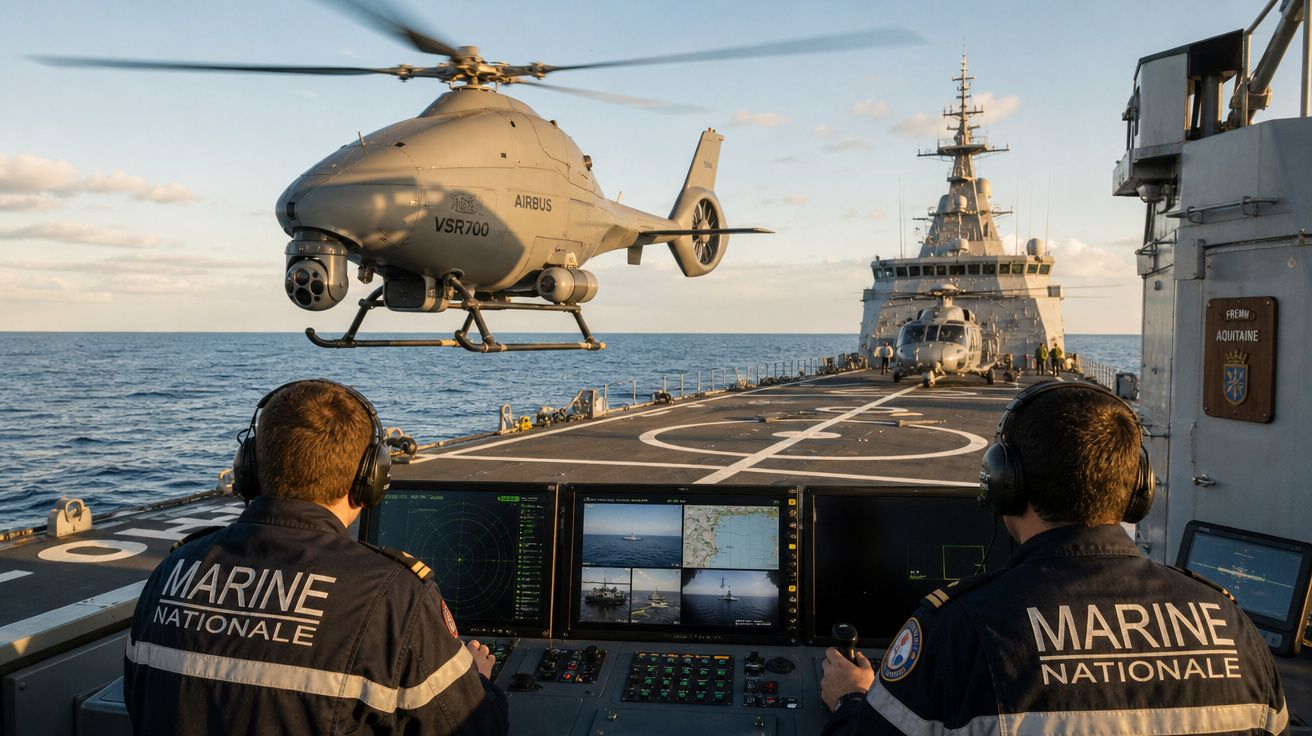 Helicóptero drone Airbus VSR700 a descolar de um navio francês com dois operacionais a controlar a descolagem.