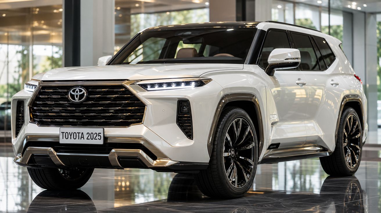 Carro SUV Toyota branco modelo 2025 parado em showroom com teto panorâmico e janelas escurecidas.
