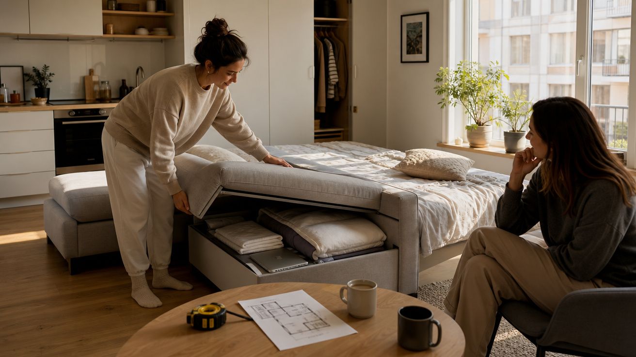 Mulher a mostrar espaço de arrumação em cama sofá a outra mulher sentada numa sala com luz natural.