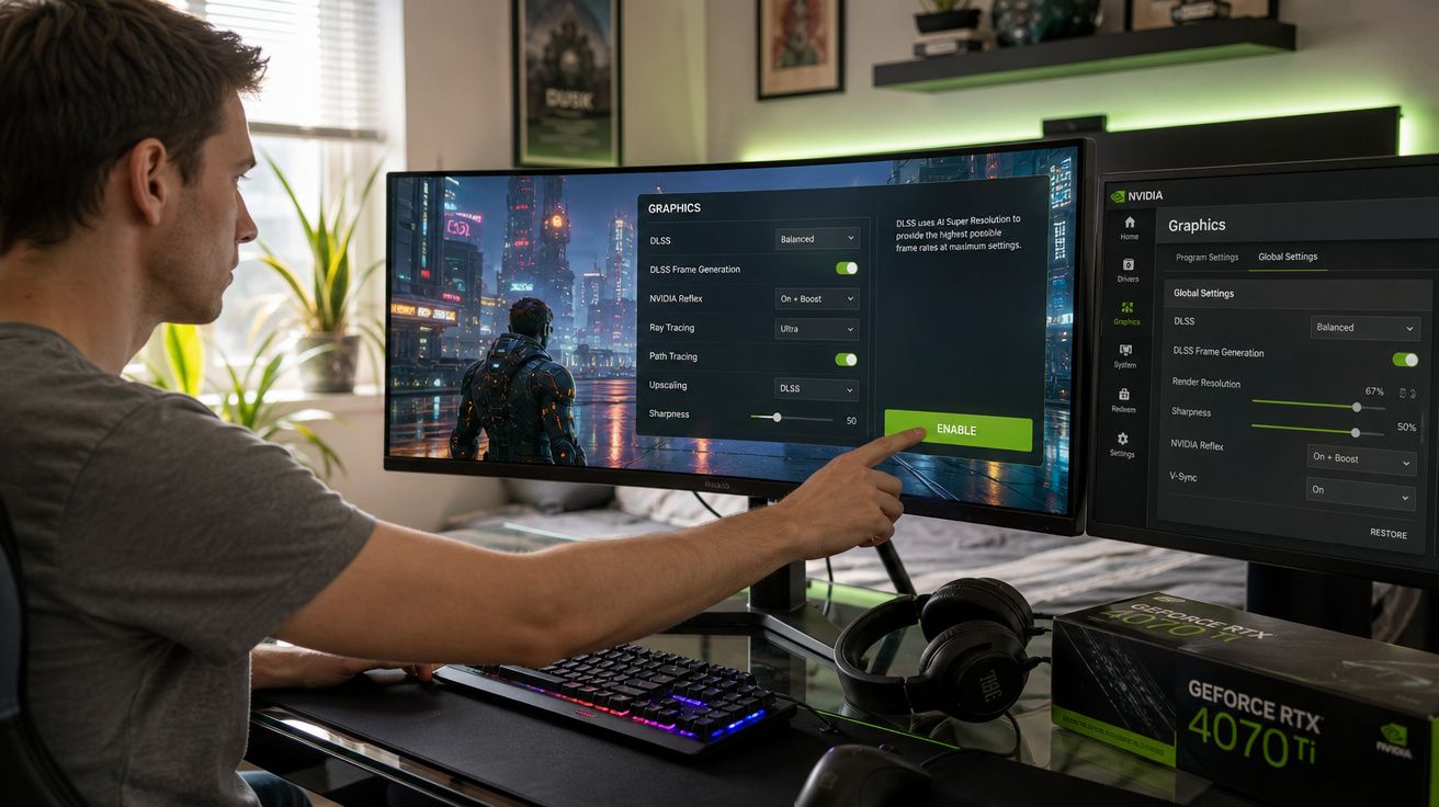 Homem sentado a controlar configurações gráficas de jogo no monitor ultrawide, teclado RGB e placa GeForce RTX 4070 Ti.