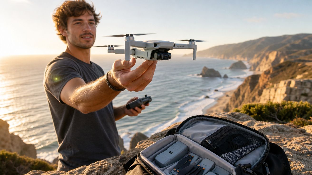 Homem a segurar drone com controlador na mão, com paisagem costeira rochosa ao pôr do sol.