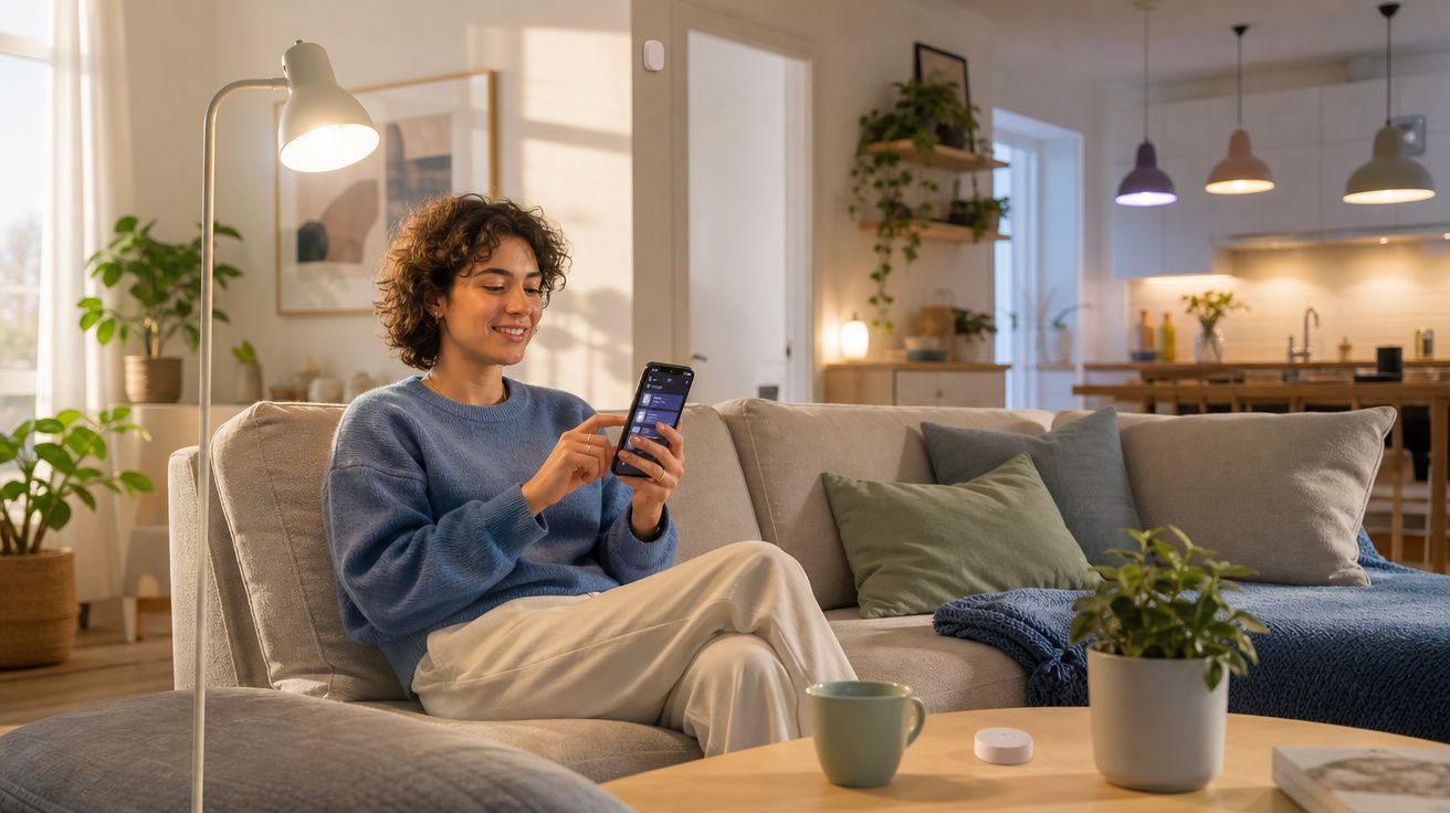 Mulher sentada no sofá de salao moderno, a sorrir enquanto usa telemóvel numa mão.
