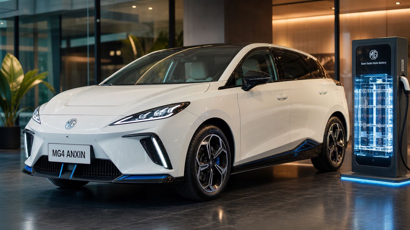 Carro elétrico branco MG4 ANXIN estacionado em interior moderno ao lado de estação de carregamento.