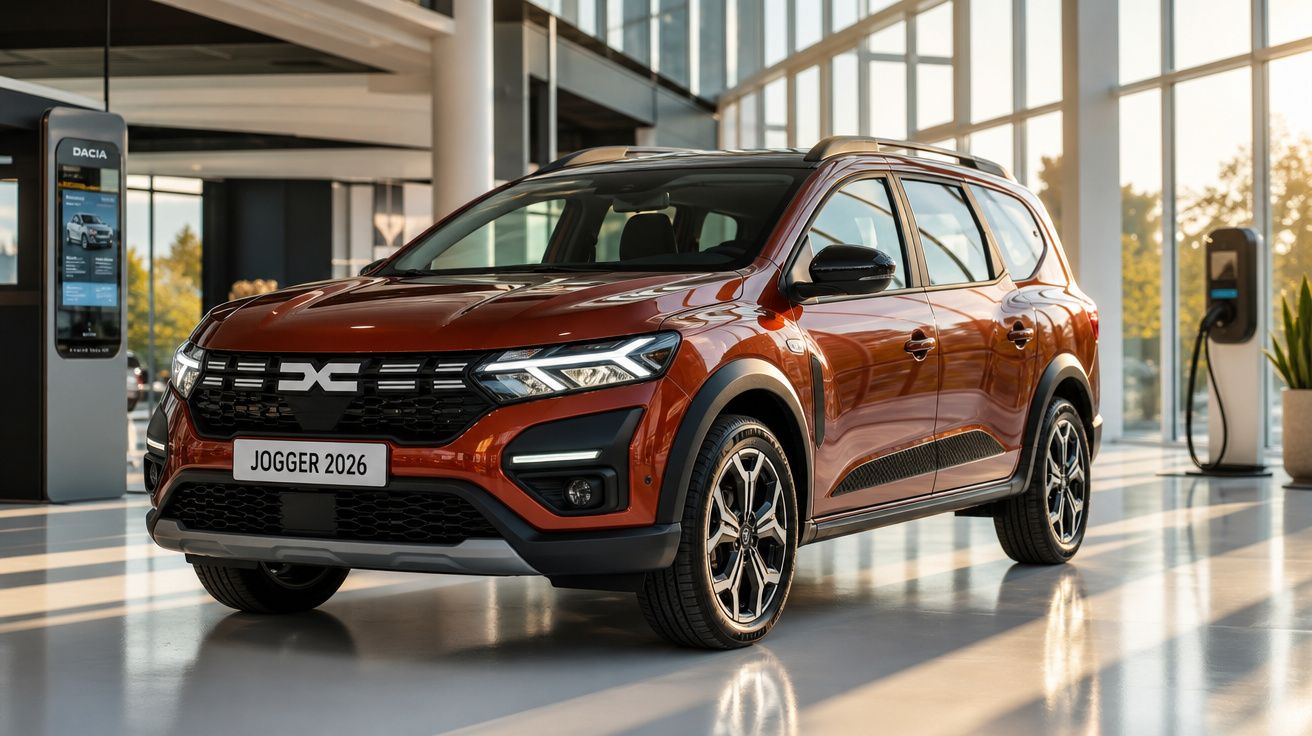Carro Dacia Jogger 2026 laranja estacionado em interior moderno de mostra automóvel com luz natural.