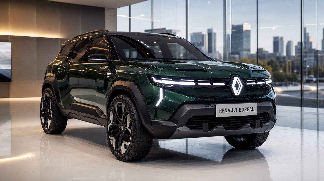 Automóvel SUV elétrico Renault Boreal verde escuro em showroom moderno com iluminação suave e vista urbana.