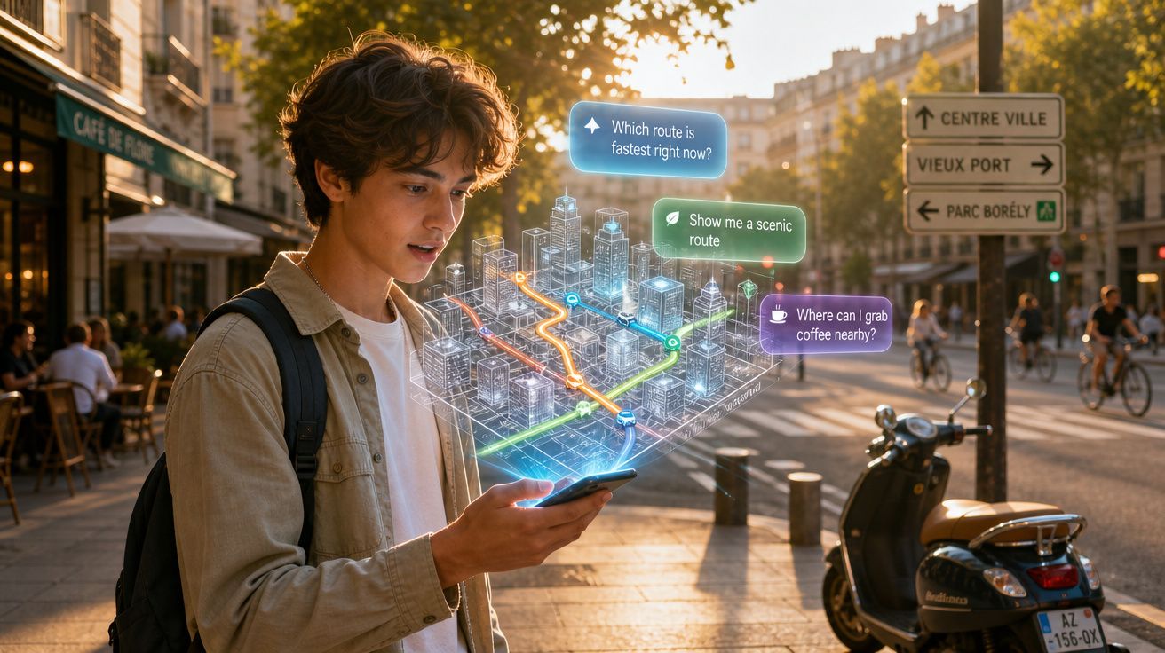 Jovem consulta mapa holográfico com rotas e perguntas sobre o percurso numa rua urbana ensolarada.