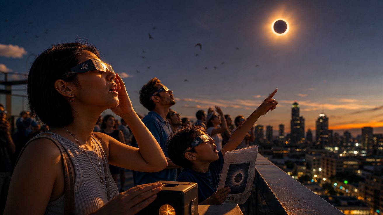 Pessoas com óculos especiais observam eclipse solar numa cidade ao pôr do sol.