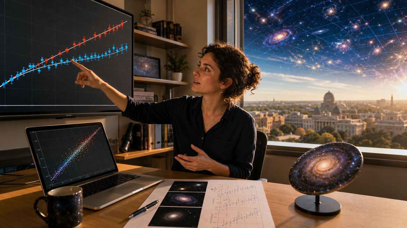 Mulher a apontar gráfico numa tela numa sala com janela mostrando tema espacial e galáxias.