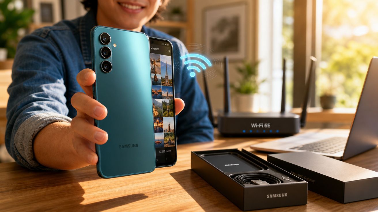 Pessoa a mostrar smartphone Samsung azul com ecrã ligado, junto a router Wi-Fi 6E e caixa aberta do telemóvel numa mesa.