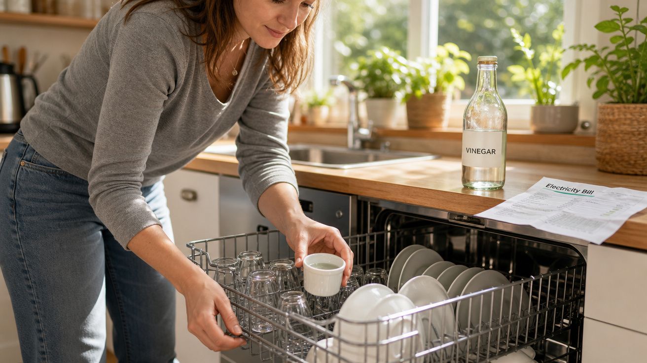 Mulher a carregar a máquina de lavar loiça numa cozinha com azulejos brancos e garrafa de vinagre.