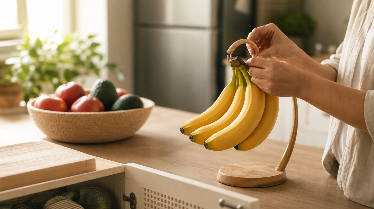 Pessoa a pendurar cachos de bananas em suporte de madeira numa cozinha com fruteira ao fundo.