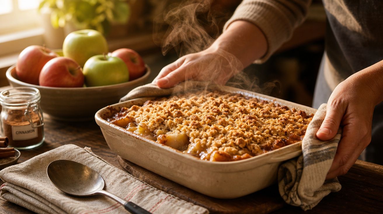 Pessoa a retirar do forno uma travessa com crumble de maçã quente, com vapor a subir.