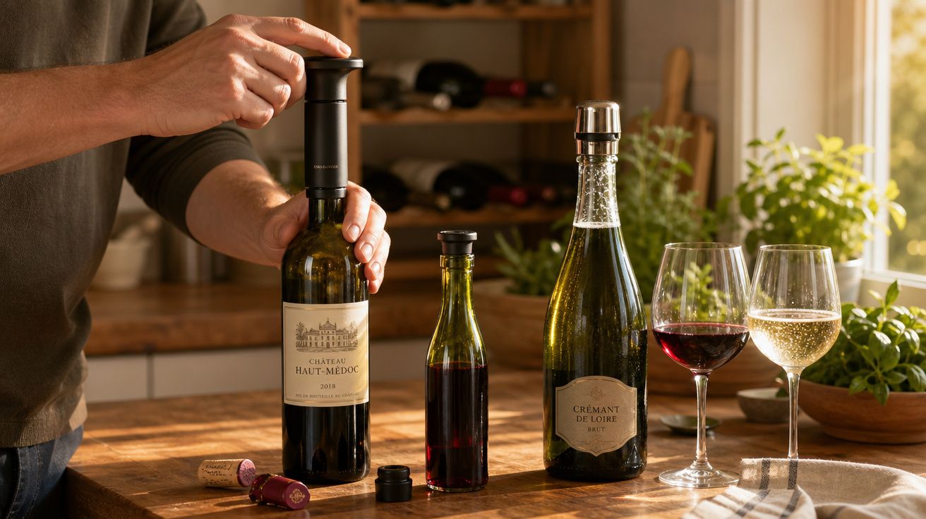 Pessoa a usar saca-rolhas para abrir garrafa de vinho tinto com garrafas e copos sobre bancada de madeira.