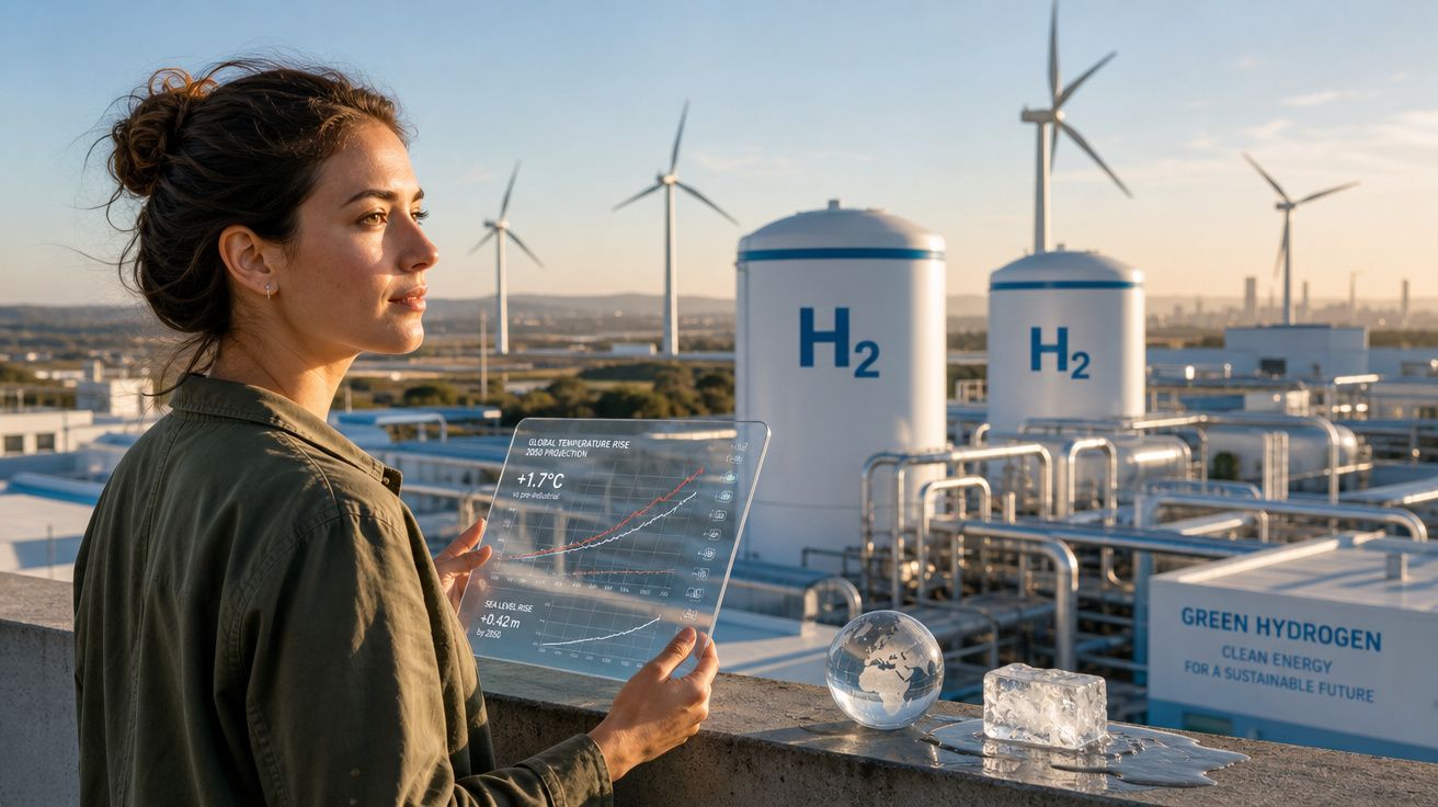 Mulher observa instalação de hidrogénio verde com turbinas eólicas ao fundo num ambiente industrial sustentável.