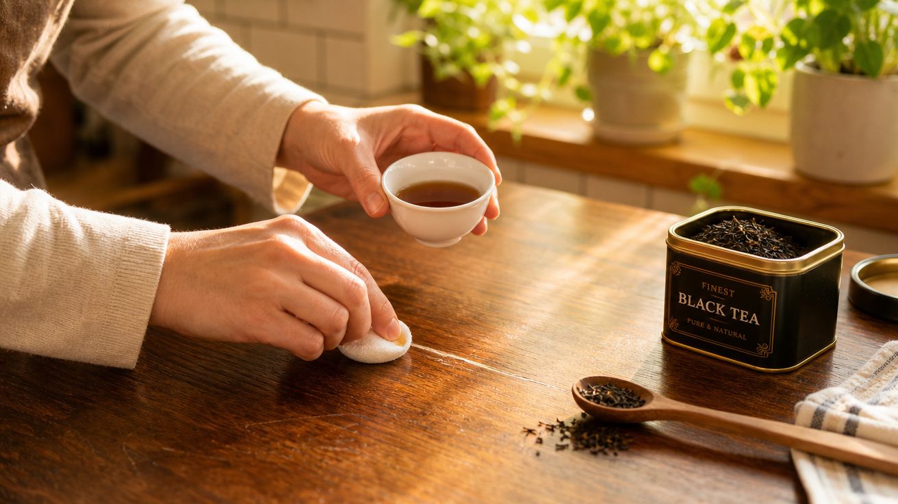 Pessoa a limpar uma mesa de madeira com um pano, segurando uma chávena de chá preto.
