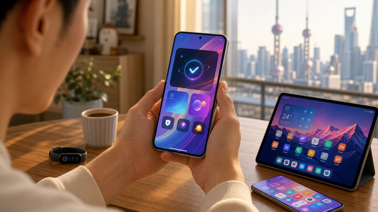 Pessoa a usar smartphone com ecrã iluminado e tablet num ambiente com vista urbana ao fundo.
