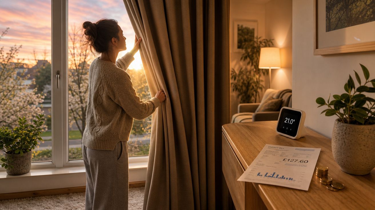 Mulher abre cortinas ao amanhecer, ao lado de termostato digital e conta de luz numa sala acolhedora.