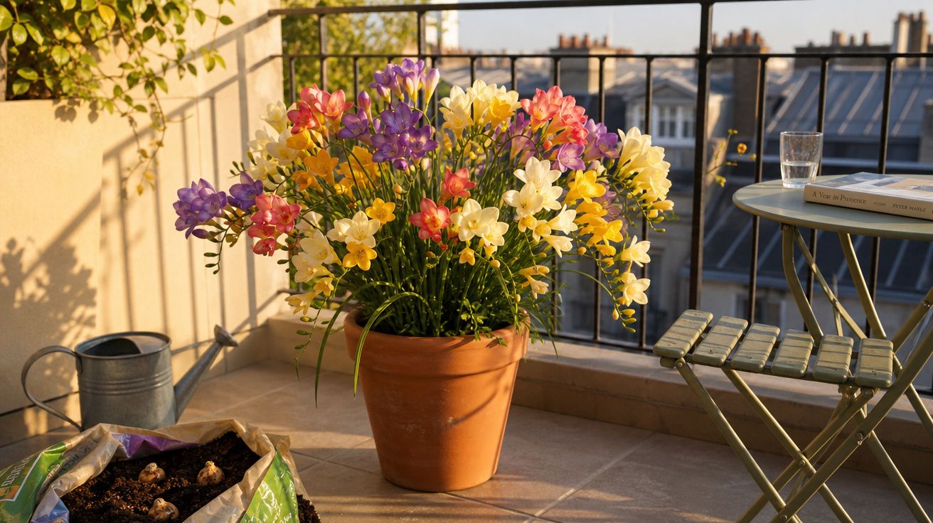 Vaso com flores coloridas num terraço iluminado pelo sol, ao lado de uma mesa, cadeira e regador.