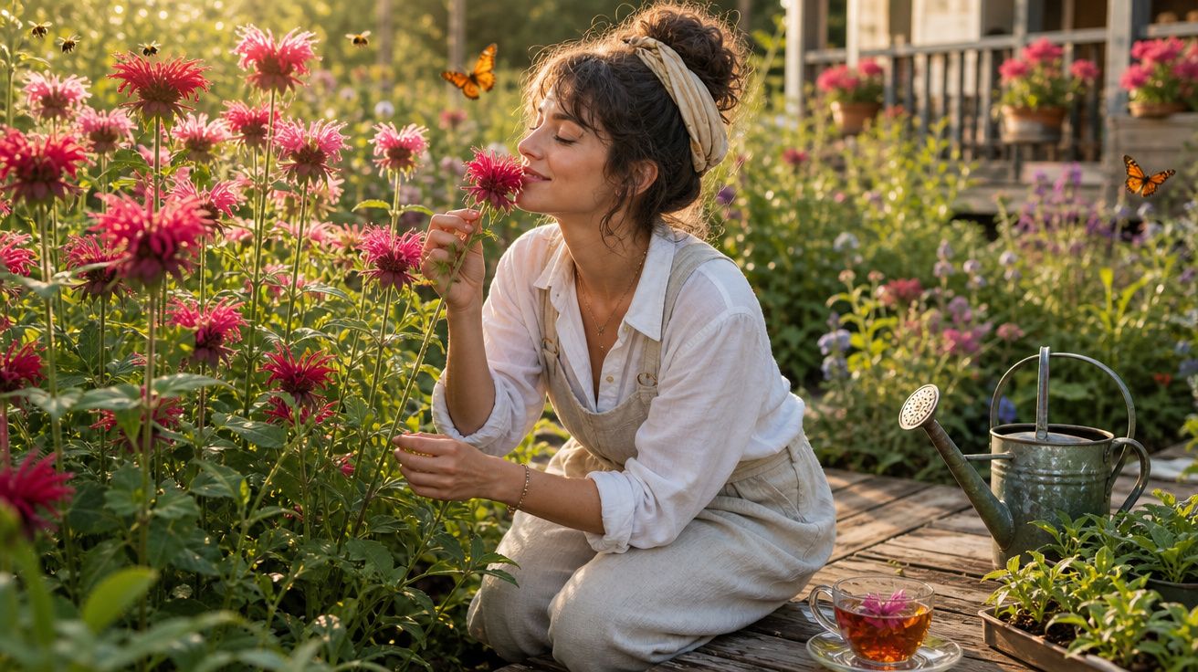 Mulher a cheirar flores vermelhas num jardim florido ao entardecer, com borboletas à volta.