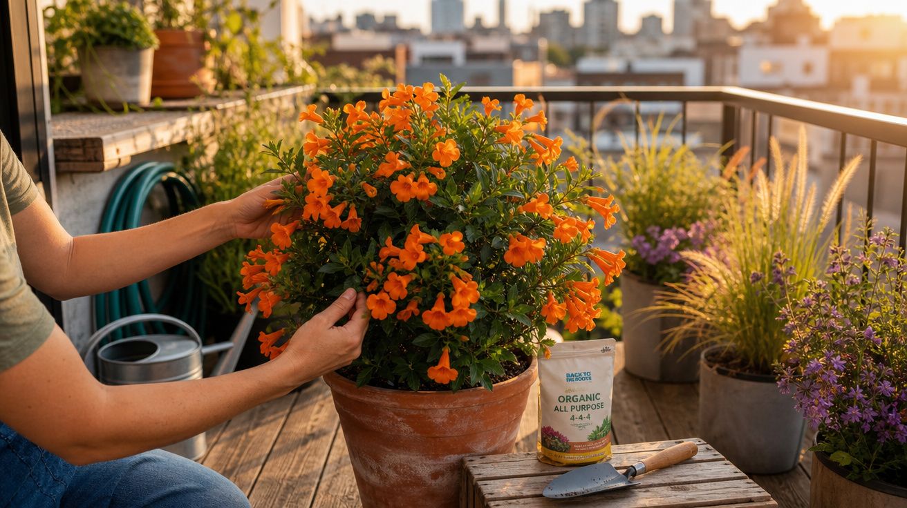 Pessoa a cuidar de planta com flores laranja num vaso grande num terraço durante o pôr do sol.