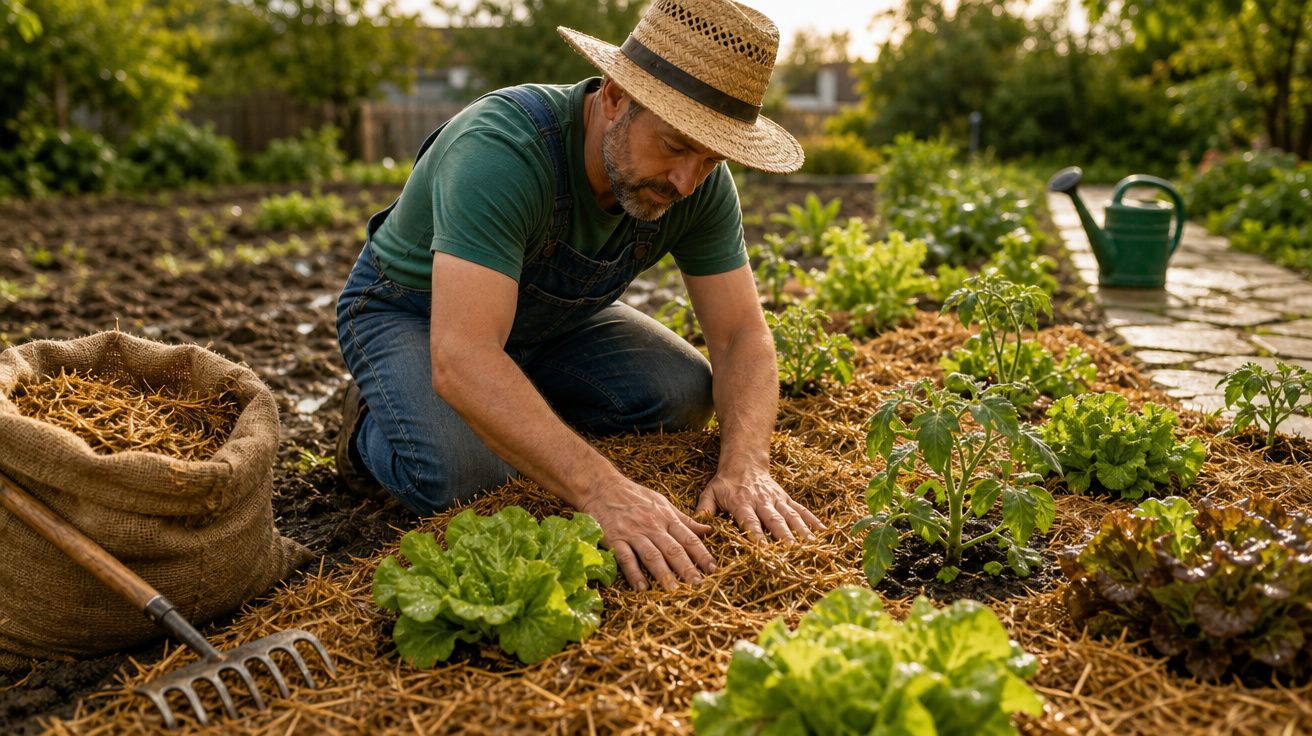 Homem com chapéu a cuidar de plantas num jardim com alfaces e regador ao fundo.