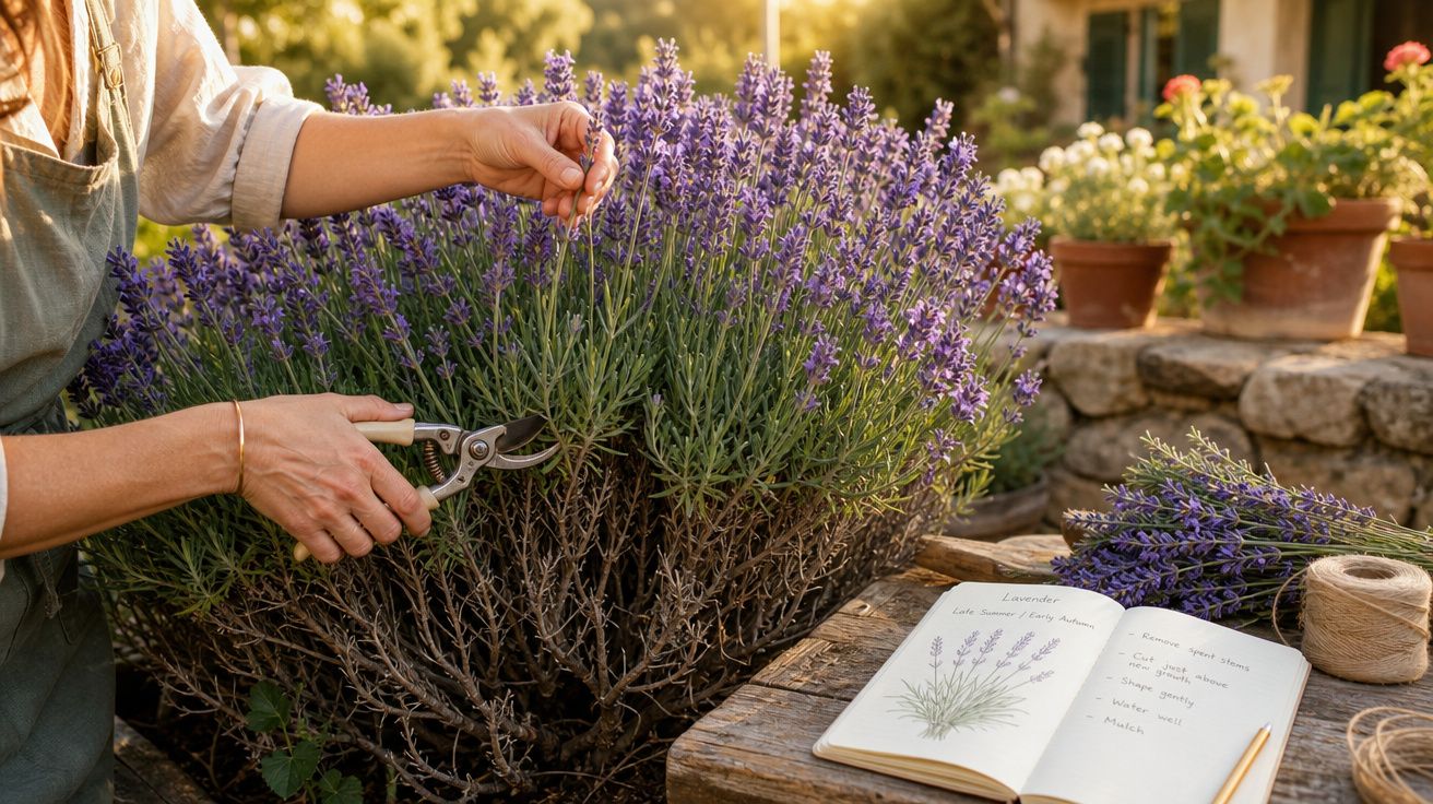 Pessoa a colher flores de lavanda num jardim, com caderno aberto e cordel numa mesa de madeira.