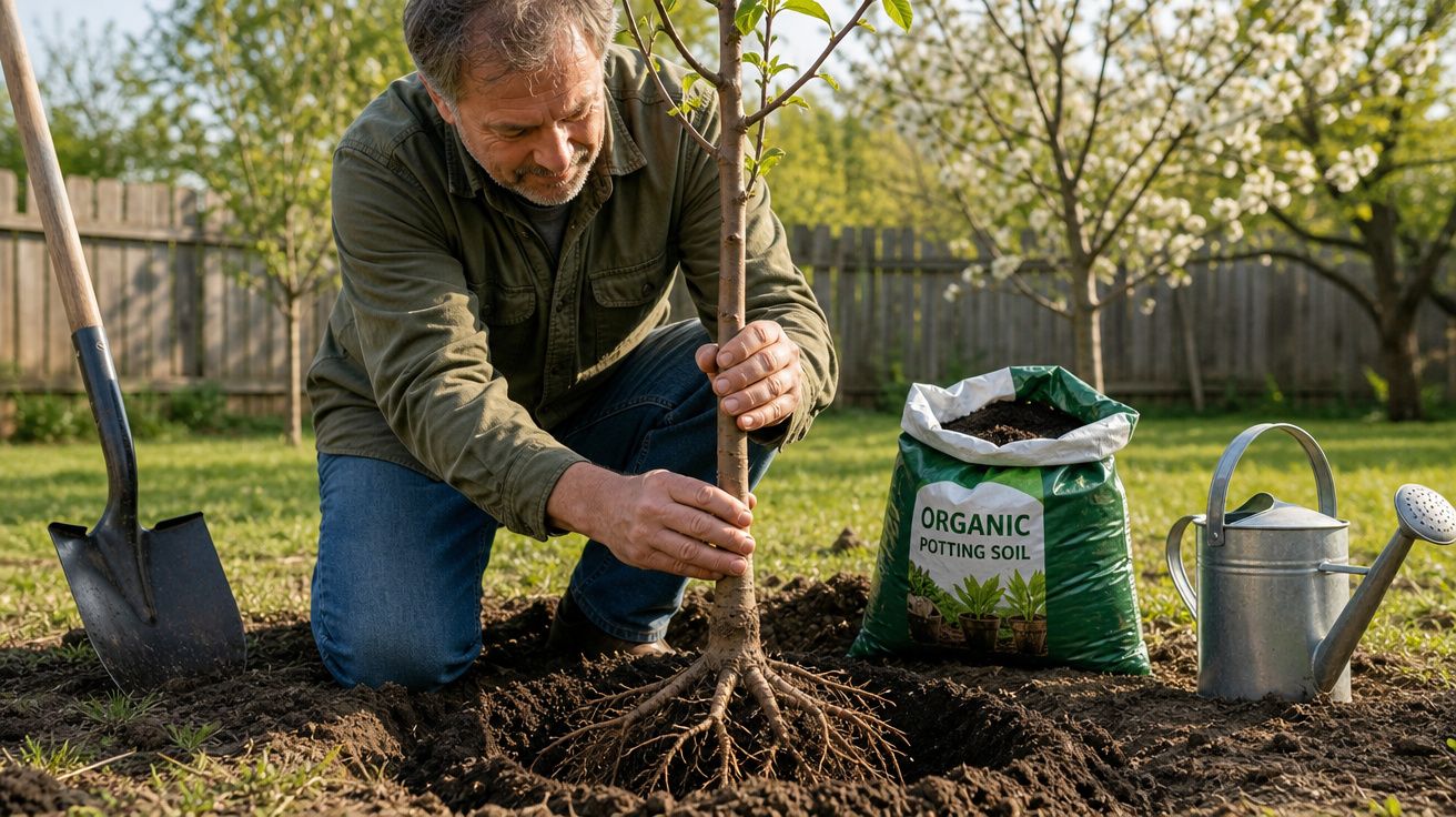 Homem a plantar uma árvore jovem num jardim, com enxada, regador e saco de terra orgânica ao lado.
